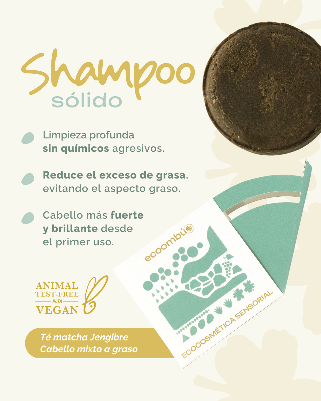 Shampoo sólido Té Matcha Jengibre. Cabello mixto a graso 70 gramos